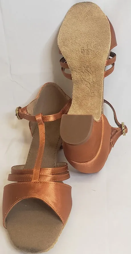 1.33" Sabra -- Block Heel Latin Sandal -- Dark Tan Satin