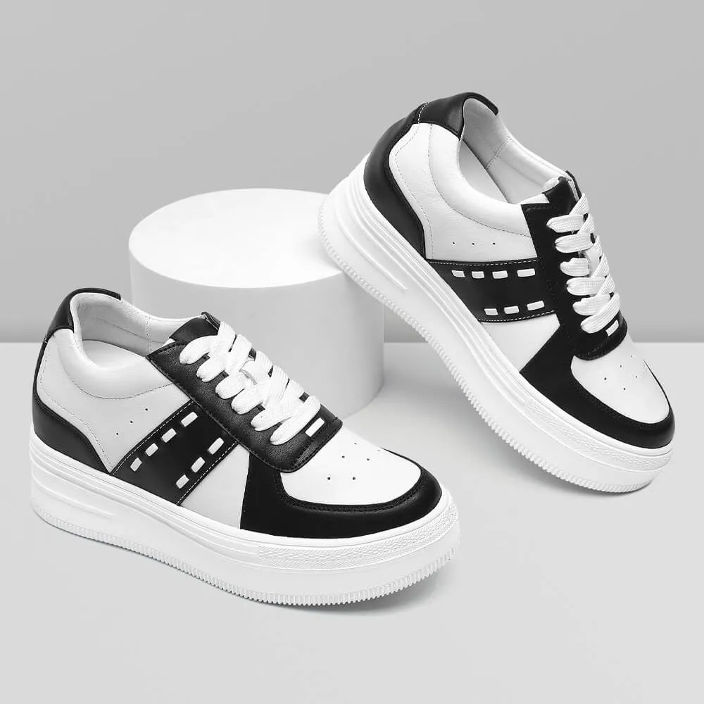 8 CM/3.15 Inches CMR CHAMARIPA Women's Casual Height Increasing Sneakers - Black & White Leather