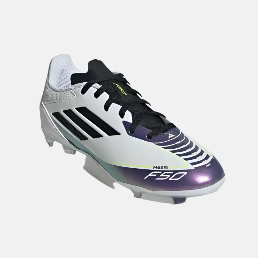 Adidas Messi F50 League Firm/Multi-Ground Kids Unisex Football Shoes (8-14 Year) -Cloud White/Core Black Purple