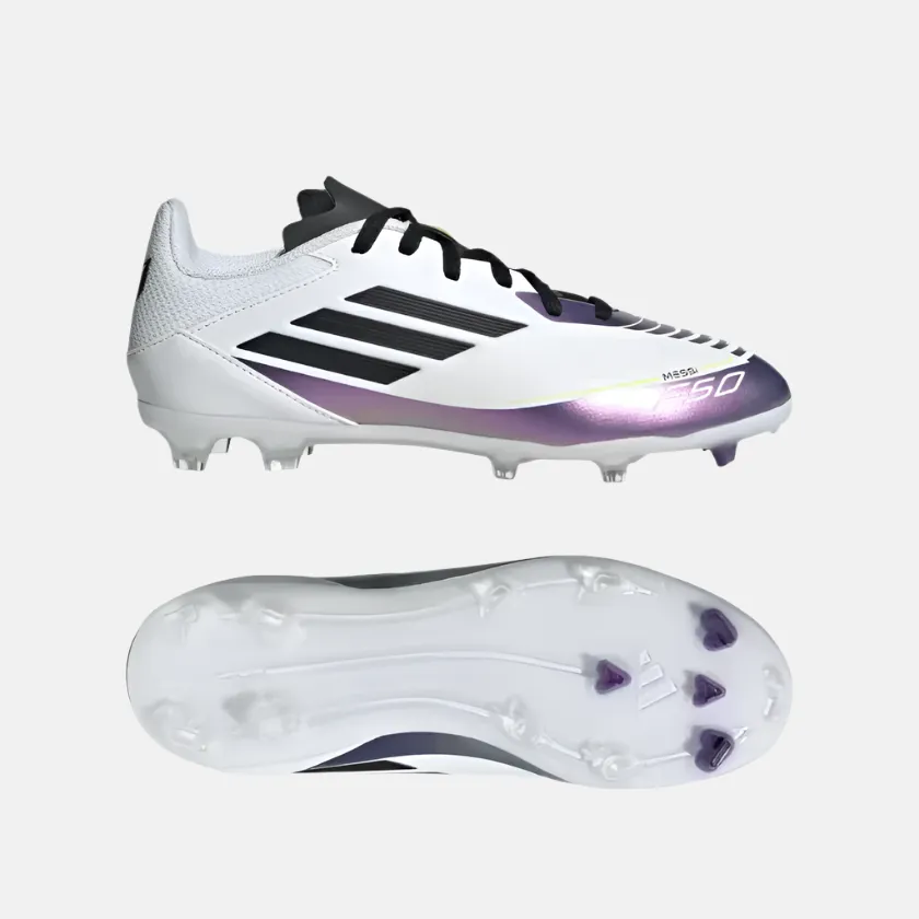 Adidas Messi F50 League Firm/Multi-Ground Kids Unisex Football Shoes (8-14 Year) -Cloud White/Core Black Purple