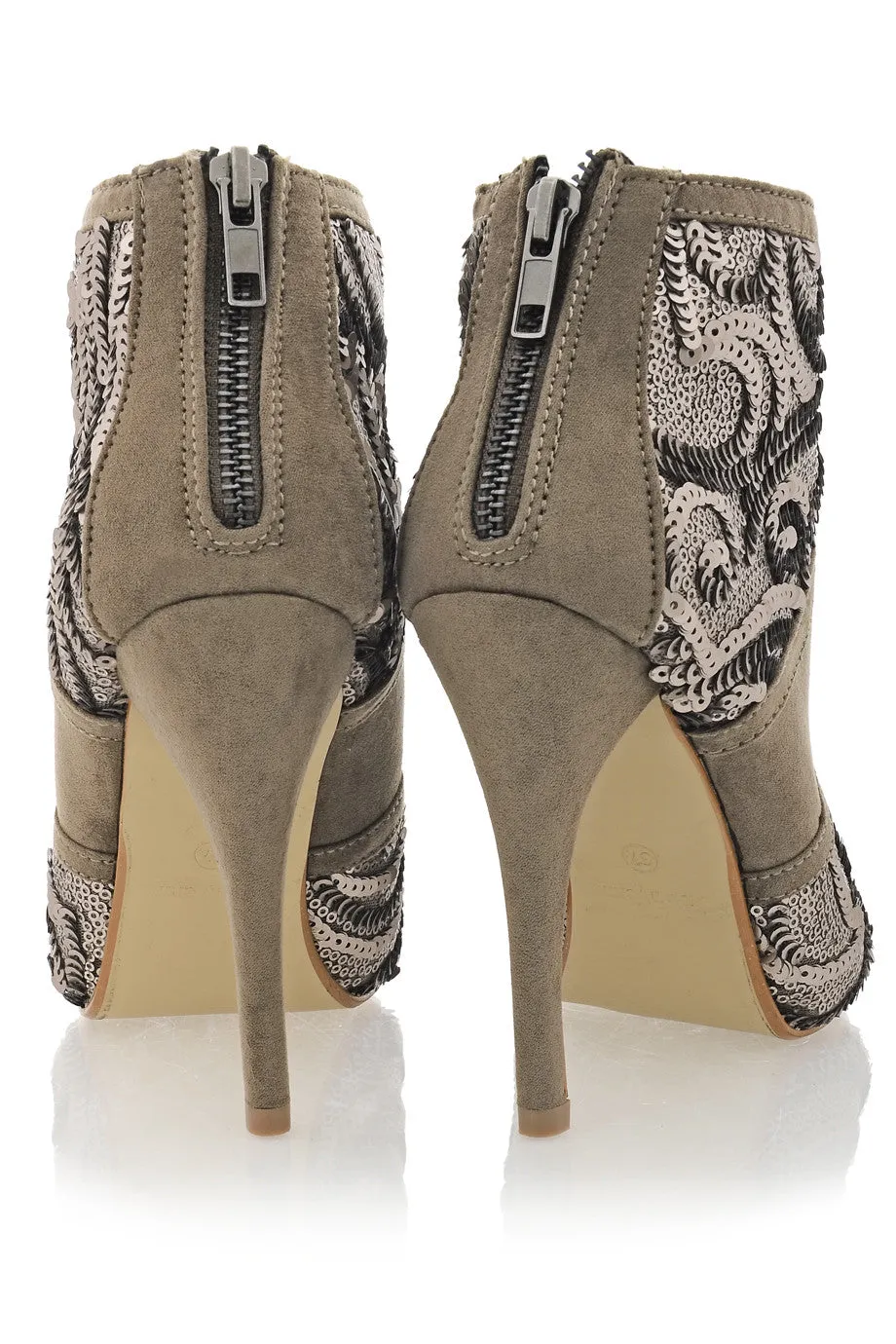 ADMIRANDA Taupe Sequin Peep Toe Ankle Boots