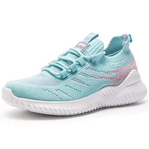 Akk Womens Athletic Walking Shoes - Memory Foam Lightweight Tennis Sports Shoes Gym Jogging Slip On Running Sneakers Blue-Pink Size 9.5