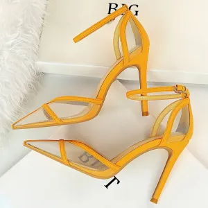 Amozae-2024 Women 10cm High Heels Yellow Sandals Lady Stripper Mesh Nude Strap Sandles Wedding Bridal Luxury Prom   Pleaser Shoes