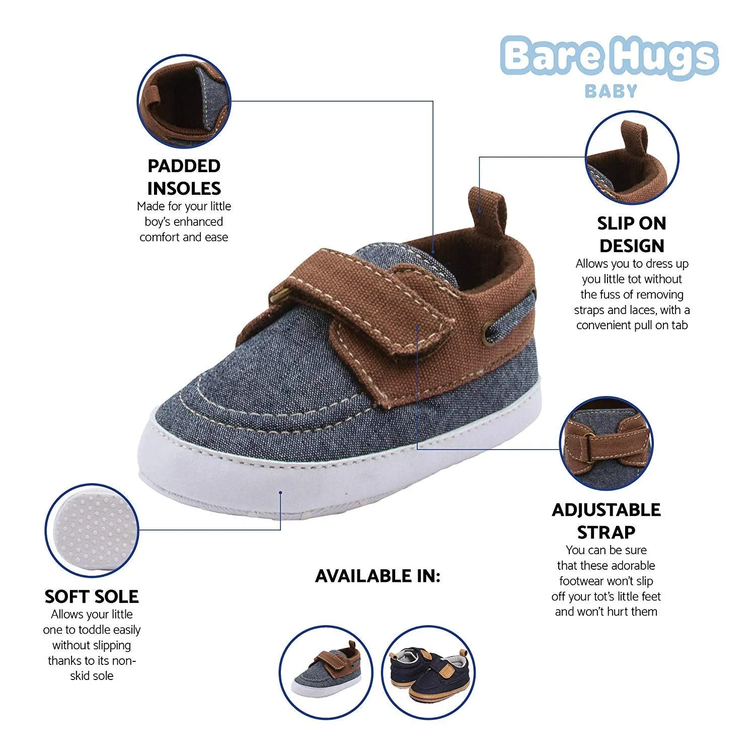 BARE HUGS Baby Boys Soft Infant Boat Shoe Style Loafer (See More Colors and Sizes)