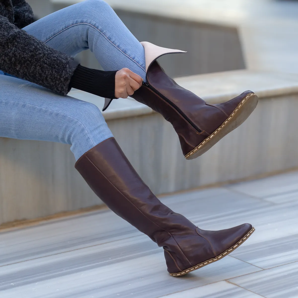 Bitter Brown Women's Leather Barefoot Earthing Long Boots