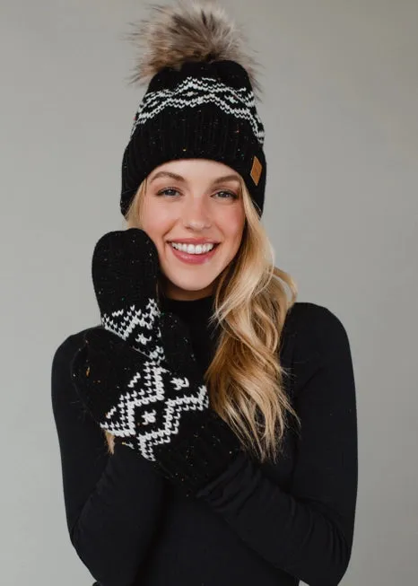 Black & Speckled Pattern Pom Hat