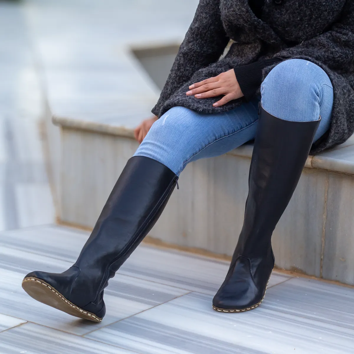 Black Women's Leather Barefoot Earthing Long Boots