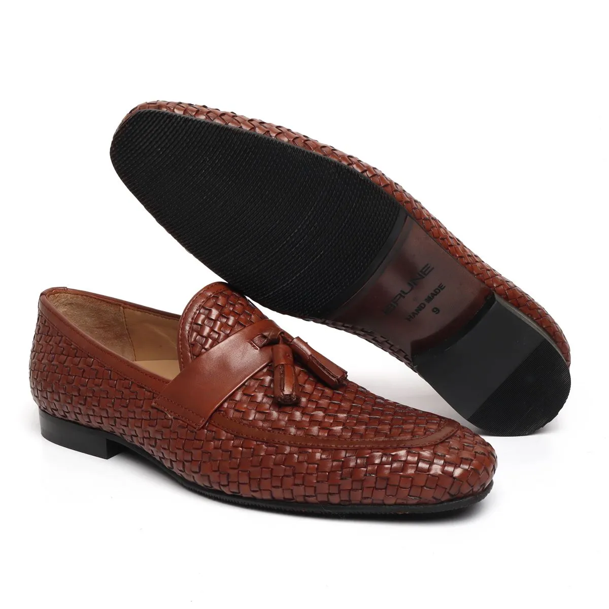 Brown Full Weaved Sleek Look Tassel Slip-On by Brune & Bareskin