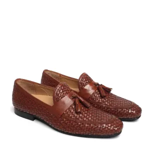 Brown Full Weaved Sleek Look Tassel Slip-On by Brune & Bareskin