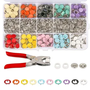 COFIEX Premium Snap Buttons Kit (100PCS Silver Button   100PCS Color Ring) -Metal Thickened Fasteners Set with Hand Pliers -Easy 9.5mm Five-Claw Buckle Set for Children's Clothing Household Machine Press Tool Included