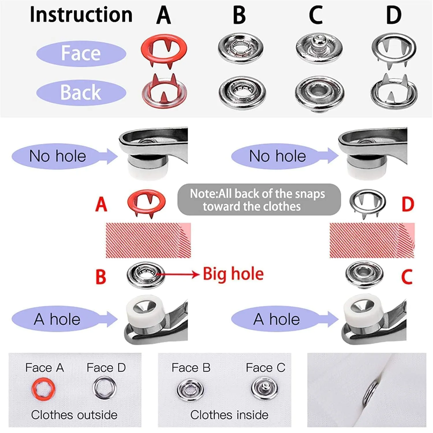 COFIEX Premium Snap Buttons Kit (100PCS Silver Button   100PCS Color Ring) -Metal Thickened Fasteners Set with Hand Pliers -Easy 9.5mm Five-Claw Buckle Set for Children's Clothing Household Machine Press Tool Included