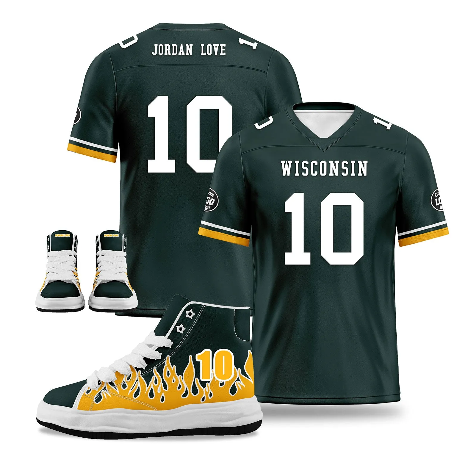 Custom Green Yellow Green Bay Football Jersey and Firesoul Sports Shoes Combo Offer Personalized Combo ZH-D020273-13