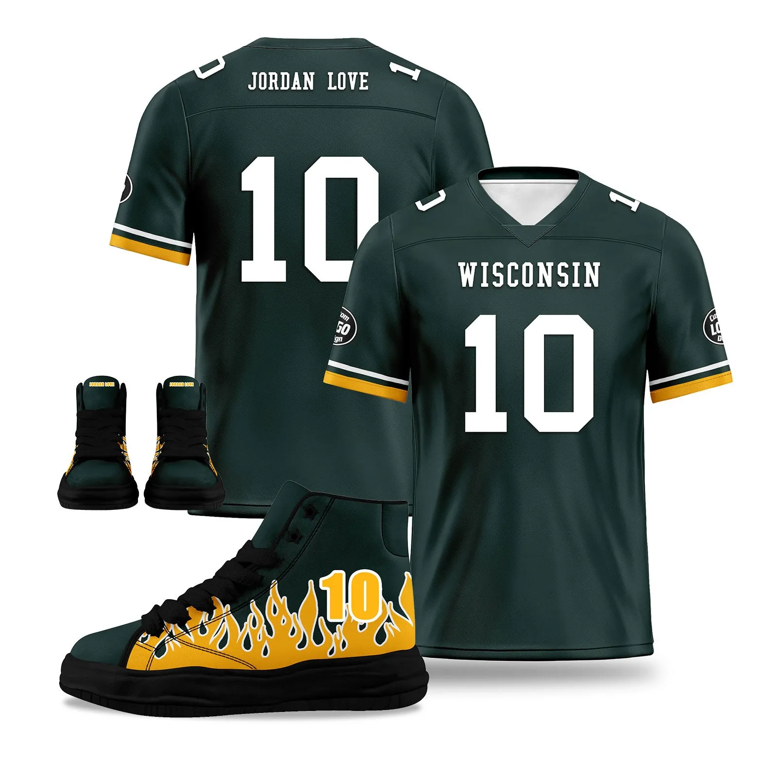 Custom Green Yellow Green Bay Football Jersey and Firesoul Sports Shoes Combo Offer Personalized Combo ZH-D020273-13