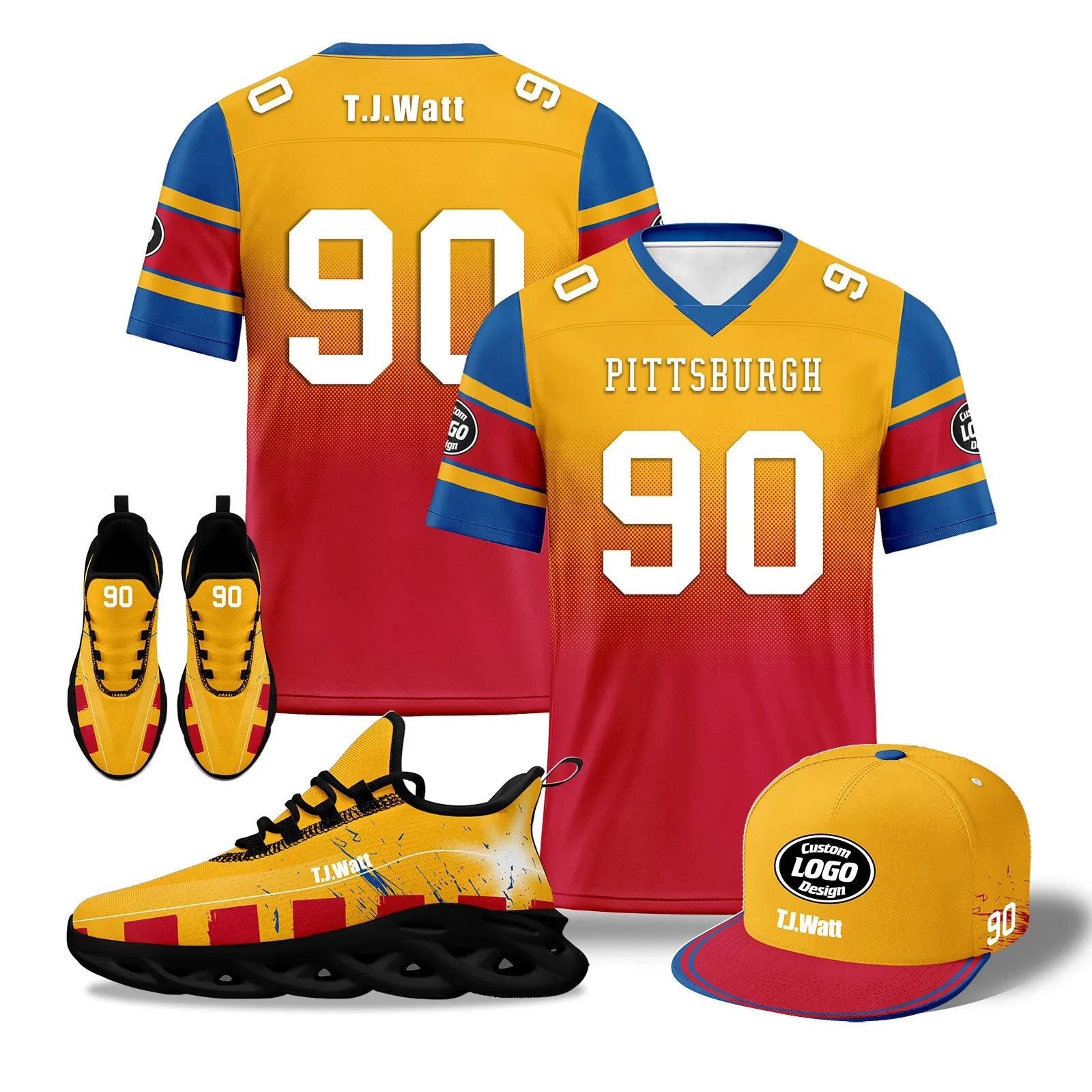 Custom Red Yellow Blue Pittsburgh Football MaxSoul Shoes and Hat Combo Offer Personalized Combo ZH-D020268-30