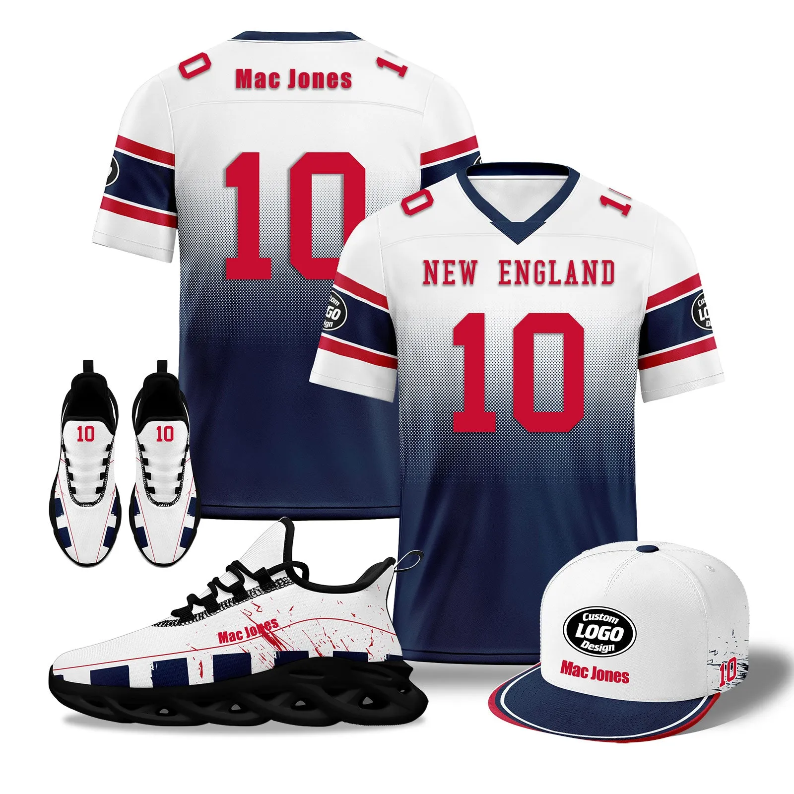 Custom White Blue Red New England Football MaxSoul Shoes and Hat Combo Offer Personalized Combo ZH-D020268-26