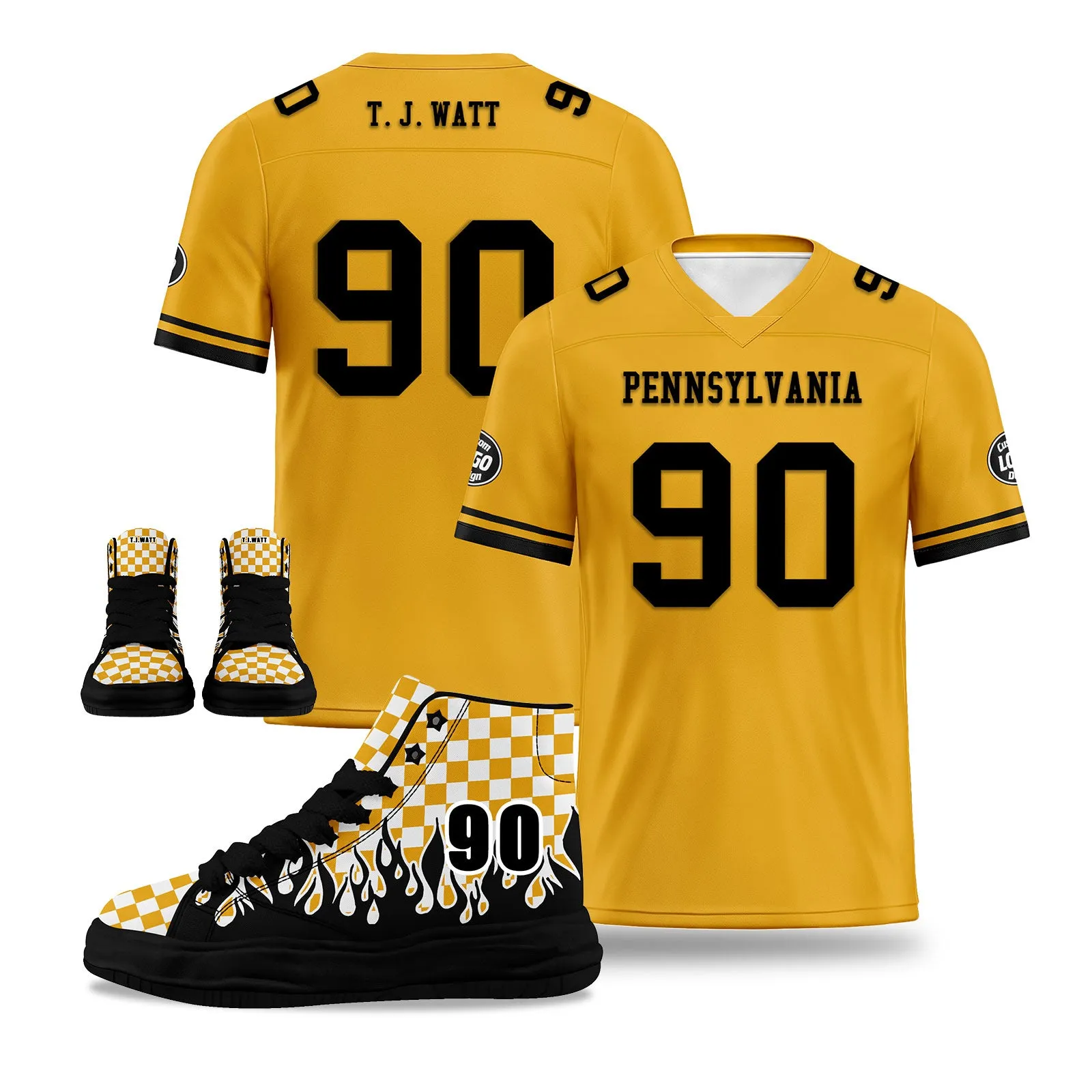 Custom Yellow Black Pittsburgh Football Jersey and Firesoul Sports Shoes Combo Offer Personalized Combo ZH-D020273-30