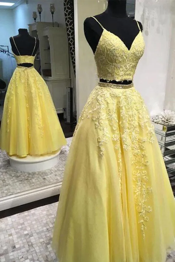 Elegant Straps Two Piece Yellow Long Lace Prom/Formal Dress PSK153