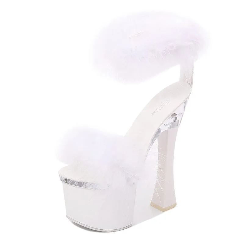 Fluffy White Platform Fairy Sandals with Transparent Super High Heel