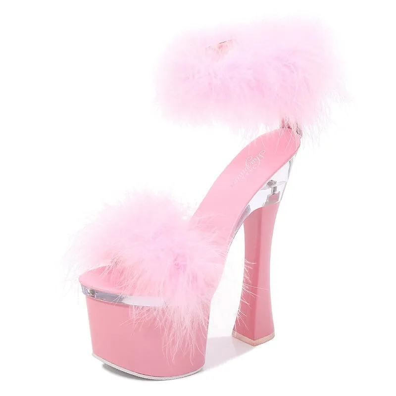 Fluffy White Platform Fairy Sandals with Transparent Super High Heel