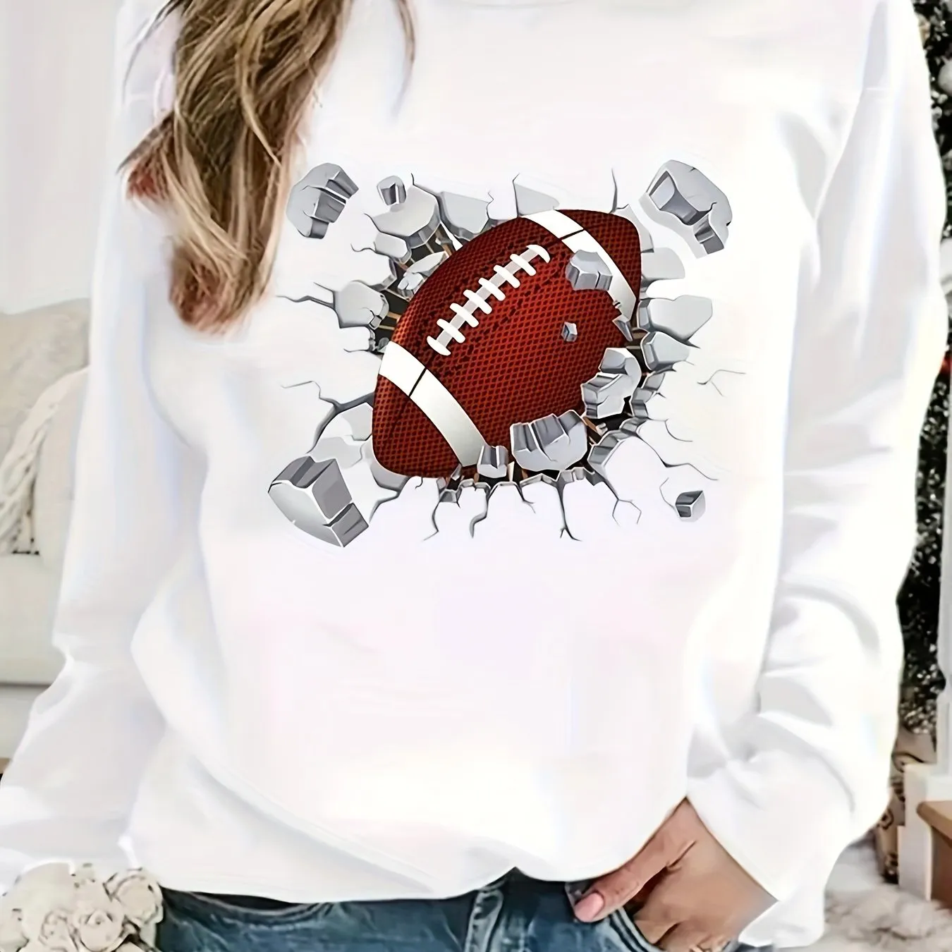 Football Print Sweatshirt, Casual Crew Neck Long Sleeve Sweatshirt, Women's Clothing