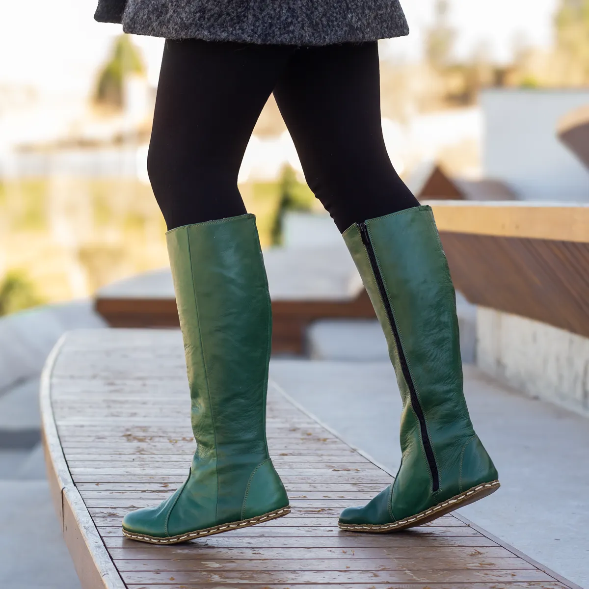 Green Women's Leather Barefoot Earthing Long Boots