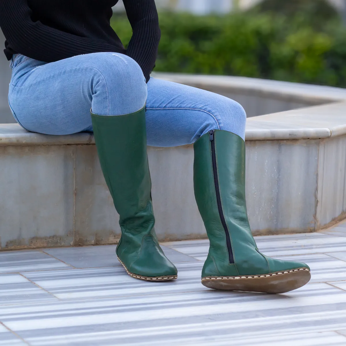 Green Women's Leather Barefoot Earthing Long Boots