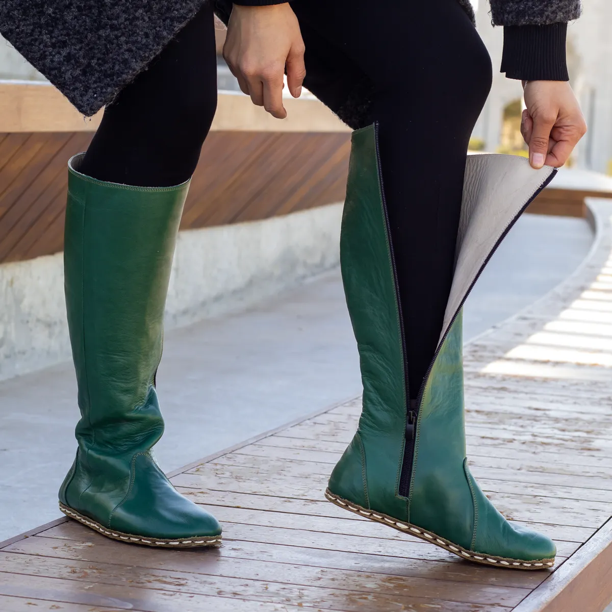 Green Women's Leather Barefoot Earthing Long Boots