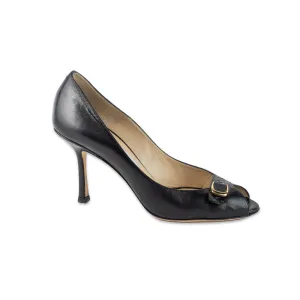 Jimmy Choo Peep Toe Black Leather Buckle Pumps