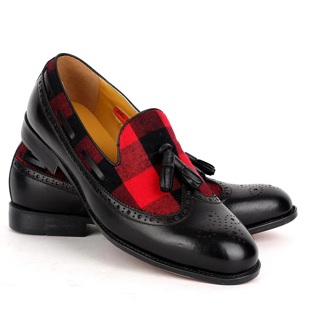 John Foster Exquisite Black Shoe With Perforated Design And Red Designed Surface