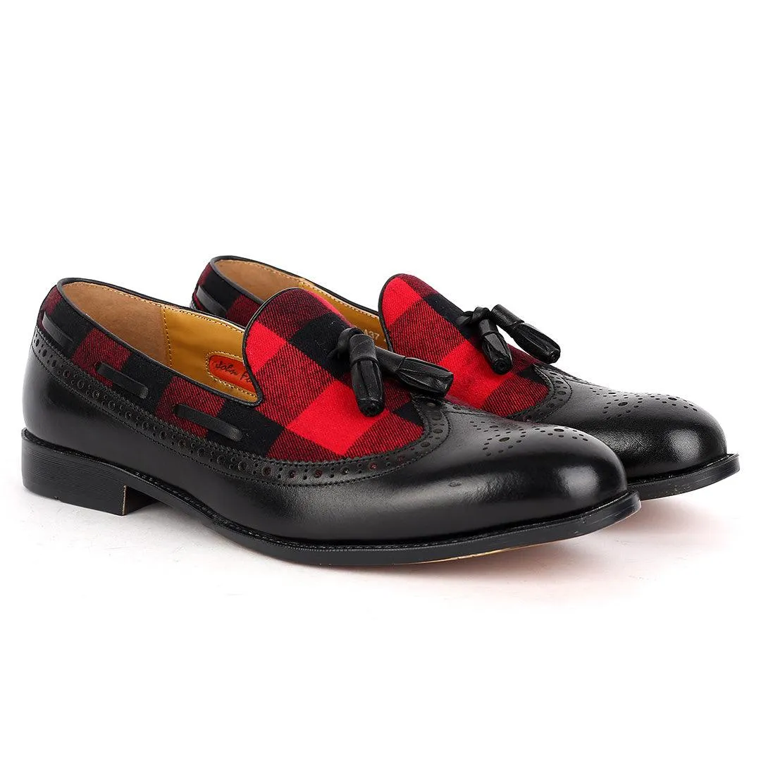 John Foster Exquisite Black Shoe With Perforated Design And Red Designed Surface