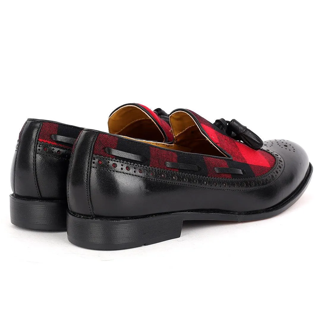 John Foster Exquisite Black Shoe With Perforated Design And Red Designed Surface