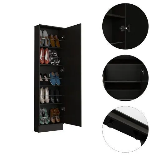 Leto Xl Shoe Rack, Mirror, Five Interior Shelves, Single Door Cabinet -Black