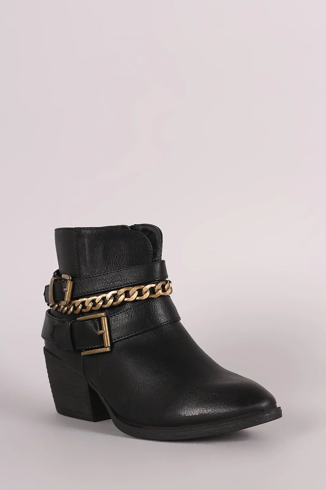 Liliana Buckled Strappy Chain Cowgirl Block Heeled Booties