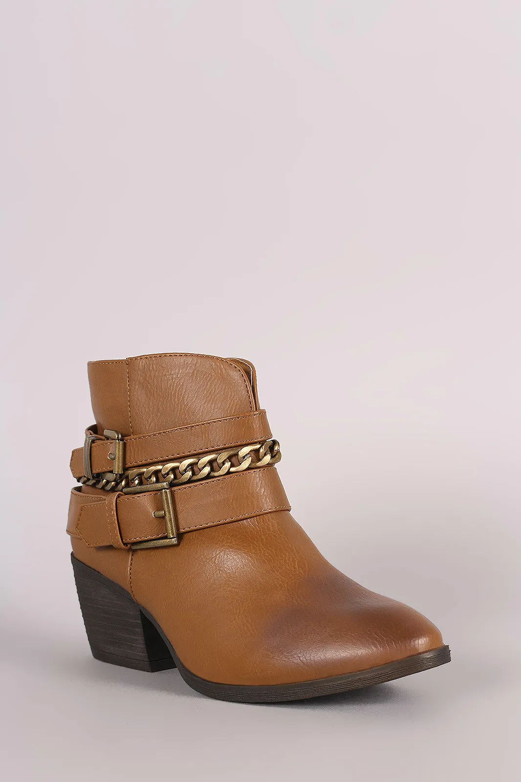 Liliana Buckled Strappy Chain Cowgirl Block Heeled Booties