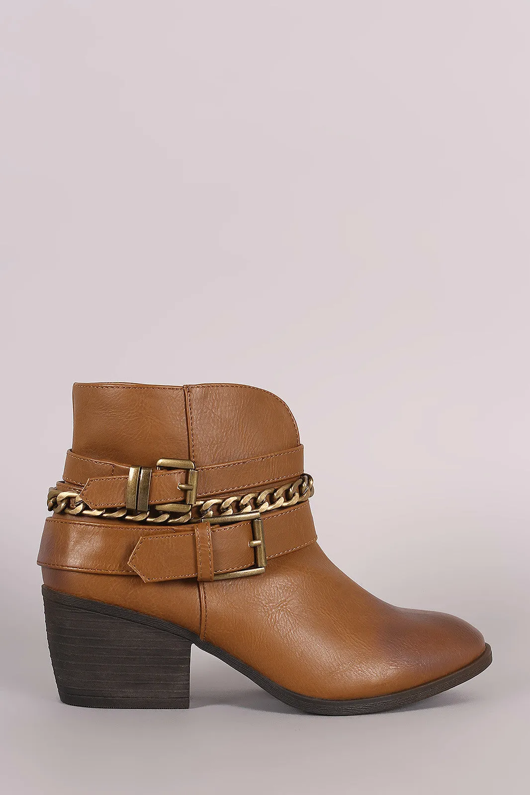 Liliana Buckled Strappy Chain Cowgirl Block Heeled Booties