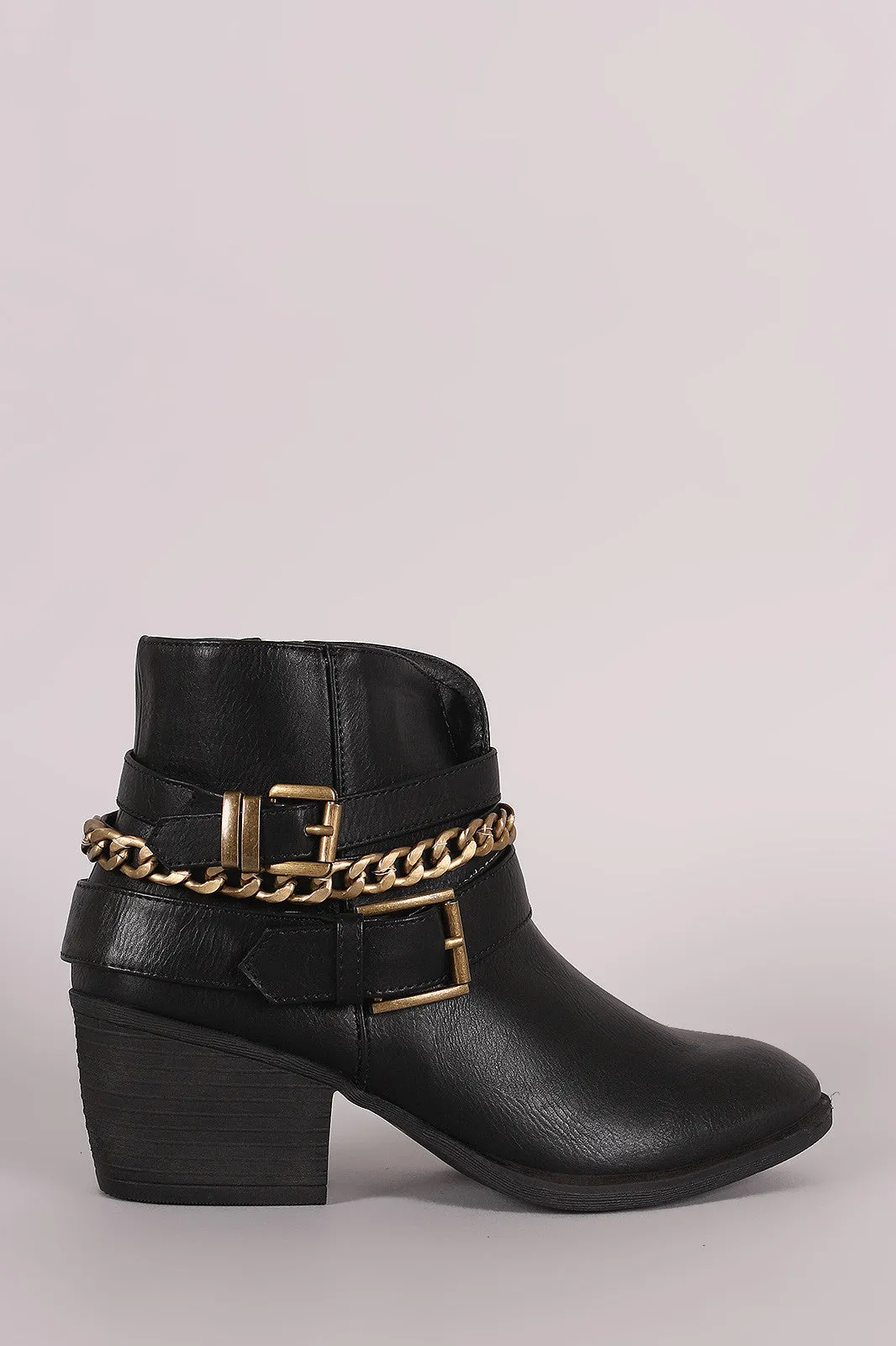 Liliana Buckled Strappy Chain Cowgirl Block Heeled Booties