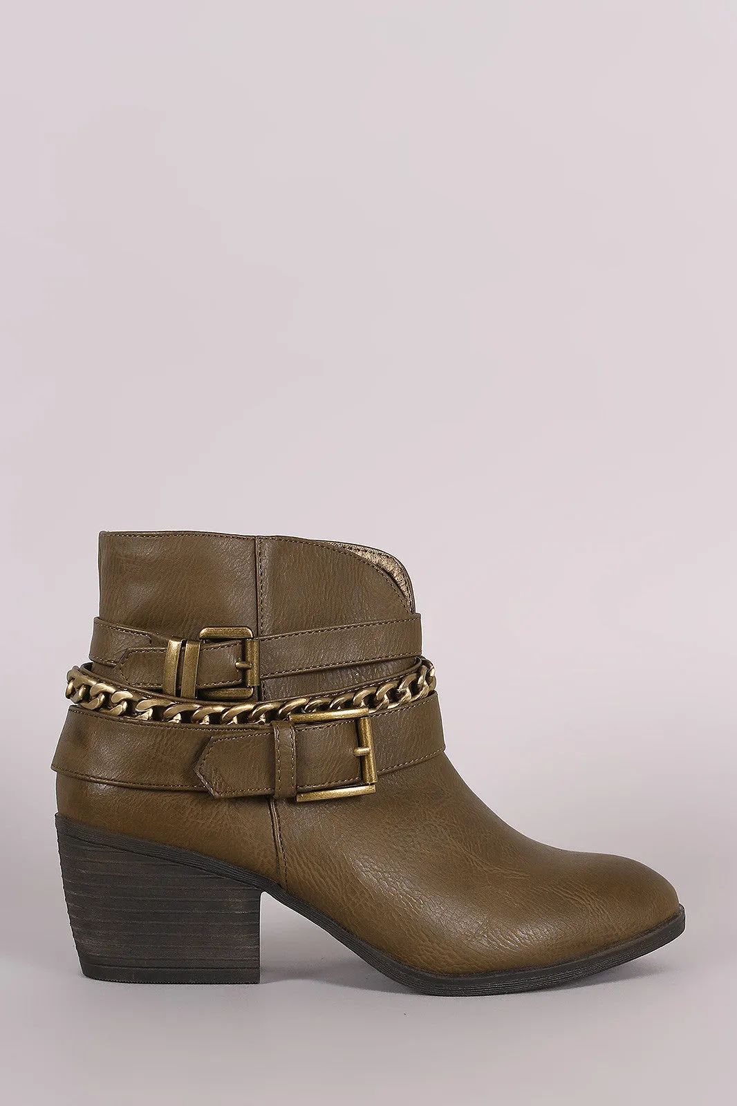 Liliana Buckled Strappy Chain Cowgirl Block Heeled Booties