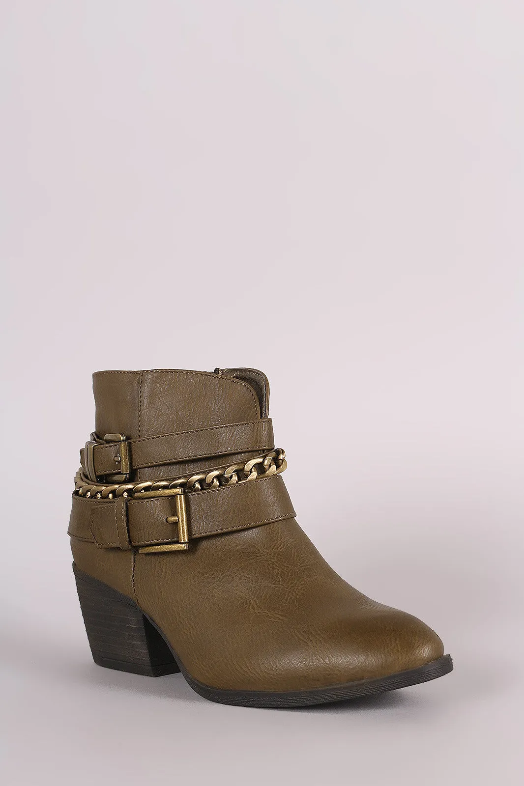 Liliana Buckled Strappy Chain Cowgirl Block Heeled Booties