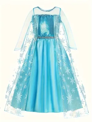 Majestic Snowflake Princess Tutu Dress - Long Sleeve, Mesh Spliced, Sequin Decorated, Cape Attached, Perfect for Performance and Dress Up