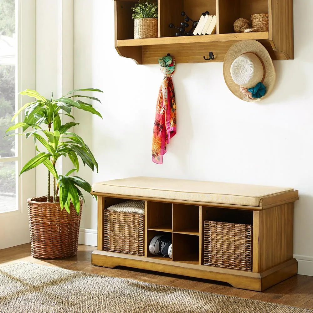 Marseille | Storage Upholstered Bench Natural/Tan - Bench, 2 Wicker Baskets