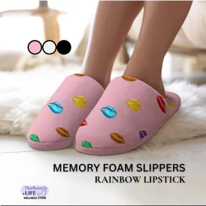 Memory Foam Slippers - Rainbow Lipstick | Fun Slippers for Women | Colorful House Shoes with Makeup | Valentine's Day Gift for Girlfriend | Pride Week Bedroom Shoes | Pink Novelty Slippers for Lesbian Pride | LGBT Outfit Accessories