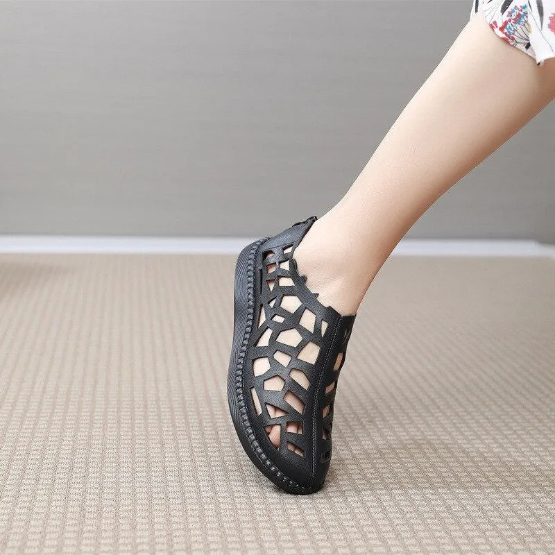 OCW Summer Leather Hollow Women Shoes Sandals Casual Flat Soft Sole Comfortable Sandals