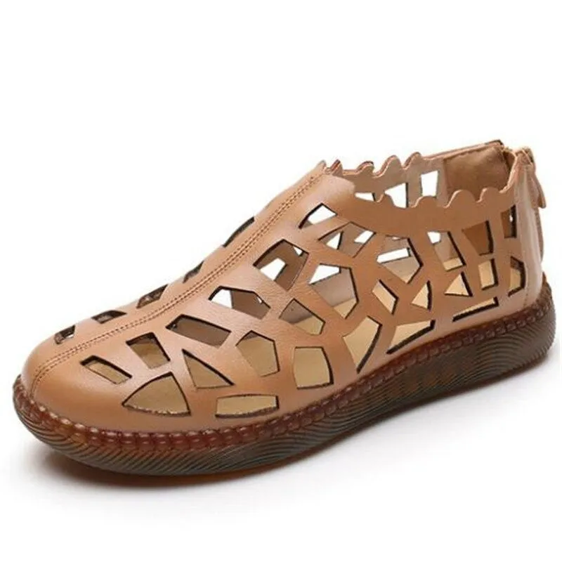 OCW Summer Leather Hollow Women Shoes Sandals Casual Flat Soft Sole Comfortable Sandals