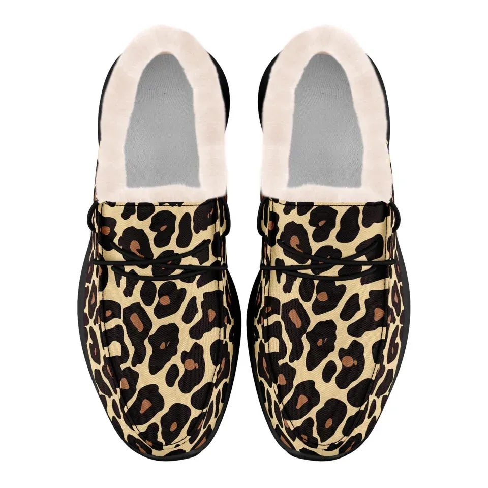 Personalized Leopard Loafer Shoes, Custom Warm Fur Driving Shoes, Comfortable Unisex Loafer Shoes