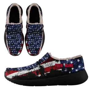 Personalized USA Flag Sneakers, Custom Stars and Stripes Loafer Shoes, Fur Lining Shoe, Pride in Comfort,FN042-24020304-7b