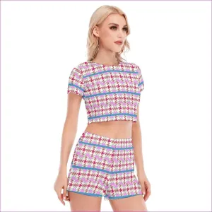 Pink Houndstooth Womens Short Sleeve Cropped Top Shorts Set