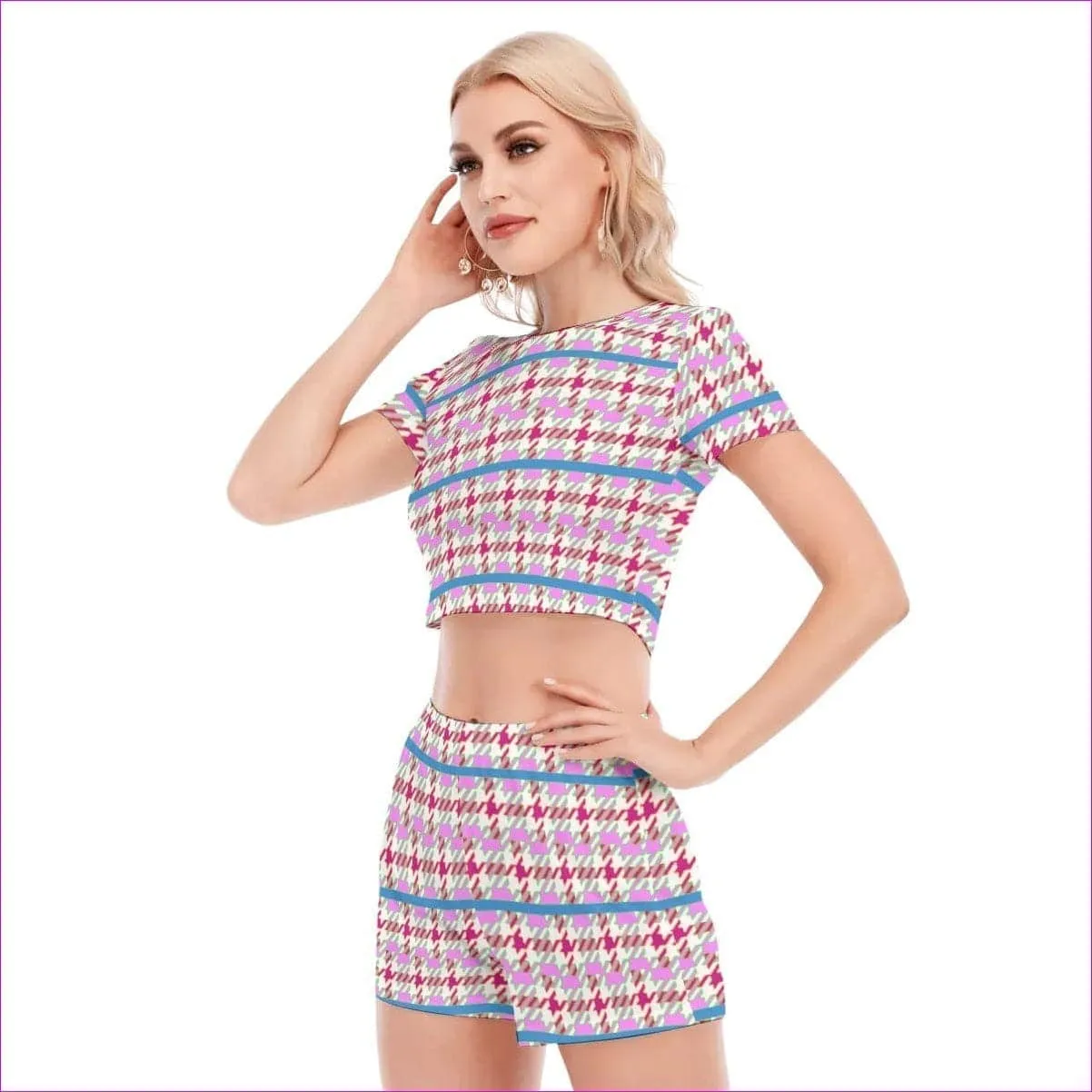 Pink Houndstooth Womens Short Sleeve Cropped Top Shorts Set