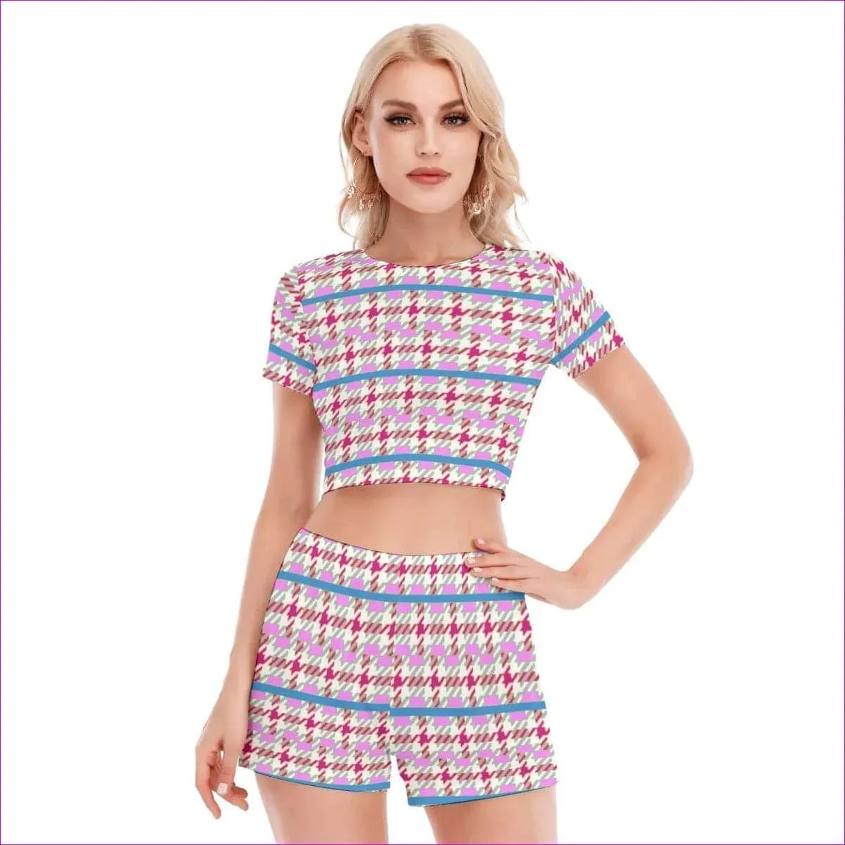 Pink Houndstooth Womens Short Sleeve Cropped Top Shorts Set