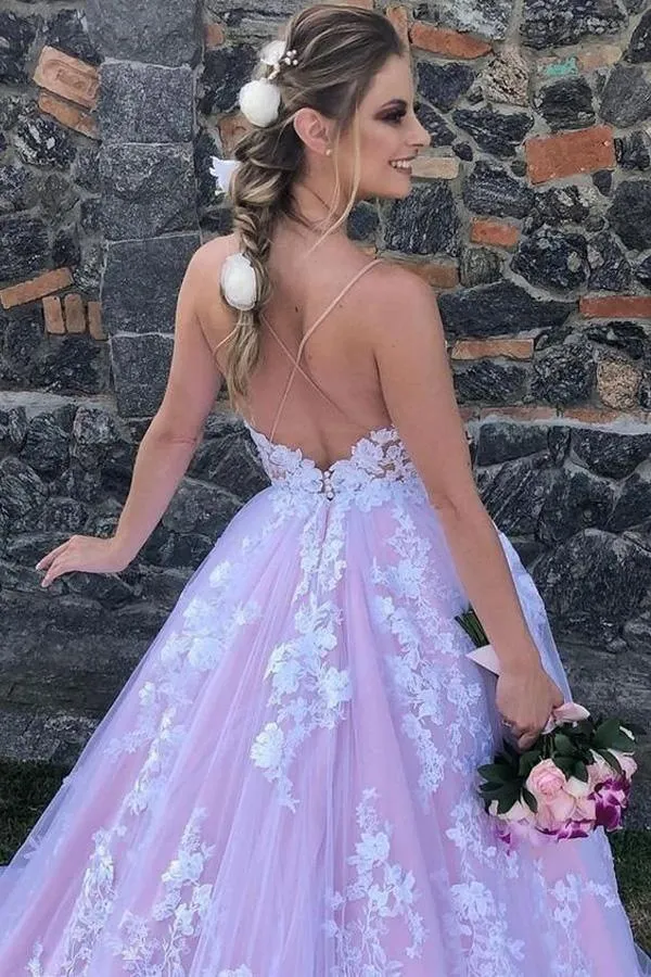 Princess A-line Spaghetti Strap Lavender Prom Dress with Applique PSK246