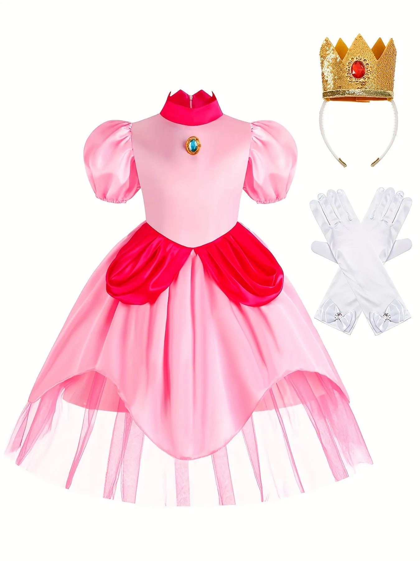 Princess Dress - Elegant Puff Sleeve Tulle Ruffle Decorated Performance Dress for Girls, Perfect for Halloween, Holiday Party, Prom, and Birthday Celebrations